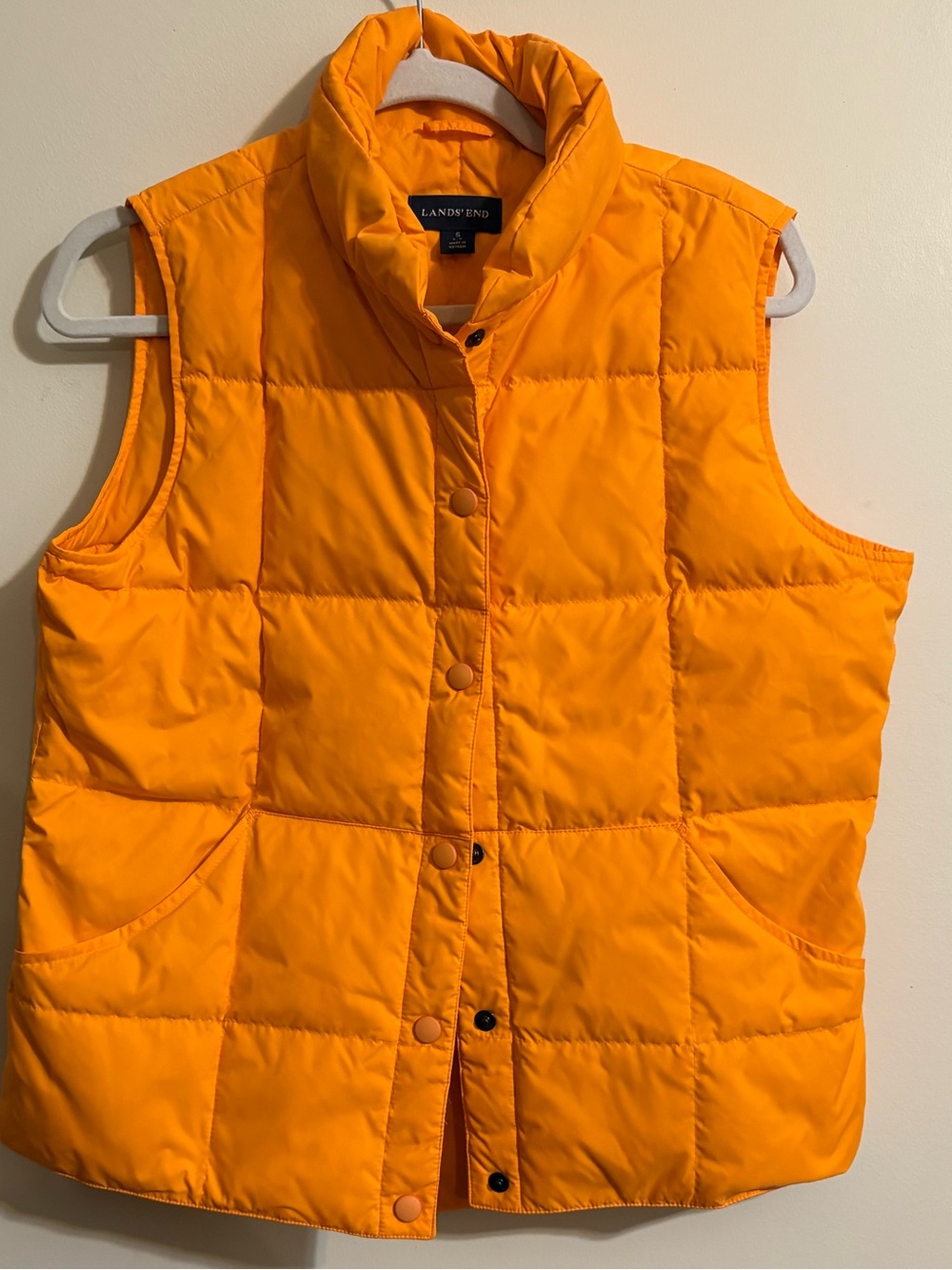 Lands' End Puffer Vest Women’s small Orange Quilted Snap Front goosedown filled